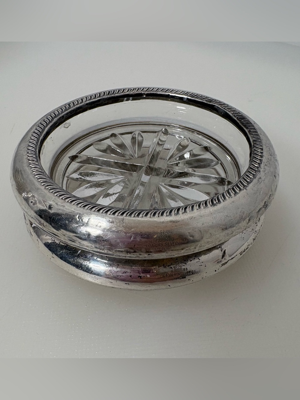 Set of 2 Sterling Silver Glass Insert Coasters Stamped FB Roger’s Silver Co.